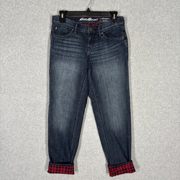 Eddie Bauer Jeans Women 0P Flannel Lined Boyfriend Insulated Soft Red Plaid READ - Picture 1 of 11